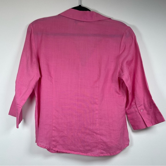 Fred David Petite Pink Linen Button Front 3/4 Sleeve Floral Embroidered Blouse - Picture 8 of 16